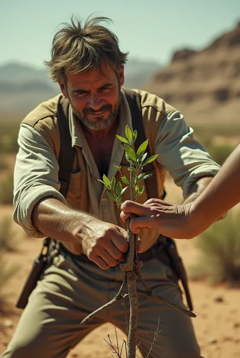 A man holding a rusty pair of scissors is about to cut down a sapling that has grown in a desert. However, another man,  the unseen man protecting with only his hand visible, is seen protecting the sapling, stopping him from cutting it down.

