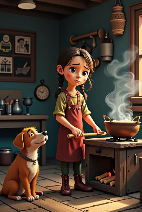 Anya a with braided hair start to learn cook porridge for her sick mother. Hair face is dirty while cooking the porridge on a wood fire. Max a dog watching her beside