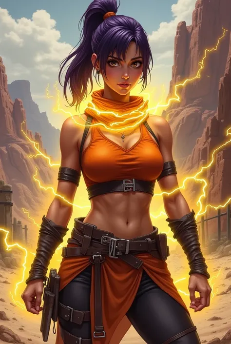 I would like a tanned woman with a noticeable physical build, beautiful, American, with dark purple hair tied into a ponytail at the back and bangs parted in the middle of her face. She has hazel-colored eyes and wears ninja-style clothing in orange and bl...