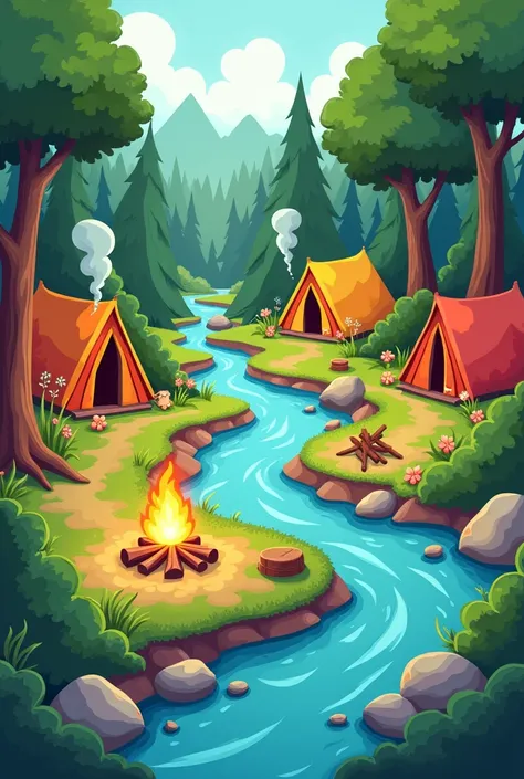 image of the forest passing a river, with tents bonfires, wooden constructions in the form of a camp in cartoon format