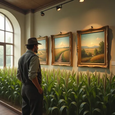 art museum with 3 paintings hanging with a view of a corn plantation in the foreground farmer looking at the painting 