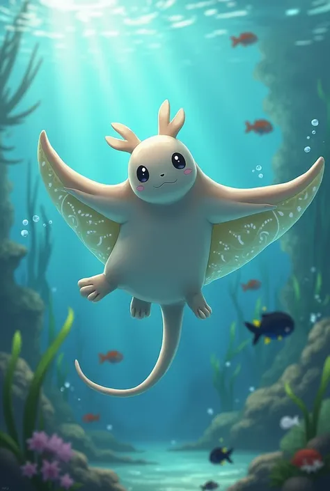 Create an image of a pokemon of an axolotl with a flatter and wider shape,similar to the body of a stingray, axolotl structure, include fins similar to those of a stingray, positioning along the axolotl&#39;s body