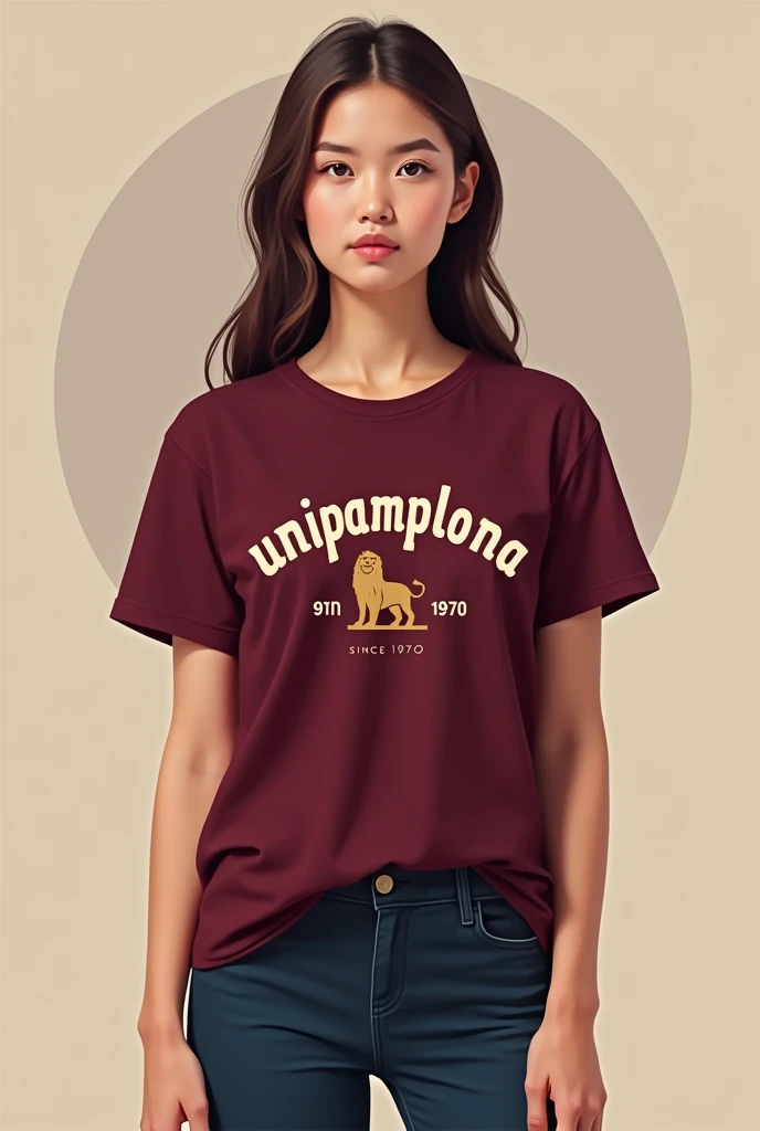 I want you to make me a picture of a young woman with a short-sleeved shirt that says: UNIPAMPLONA in the middle of the shirt and the word is curved and below the word a lion in profile, full body and standing but on two legs, that the color of the shirt i...