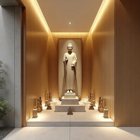 Office interior design, about 4 square meters, 7 metter tall, Buddhist space: 1.2, yellow LED interior, Russian oak interior, minimalist design style, stone figure, with many small Buddha statues around, sacred courtyard, concrete effect wall, white ceilin...