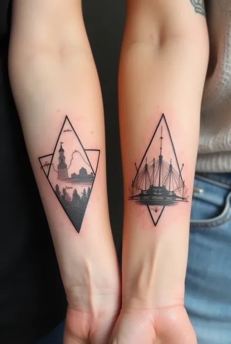 dessine moi un tatouage complémentaire pour deux personnes. Des meilleures amies depuis le lycée. Intégrant des donnees géographiques Dans un style simple et raffiné 
