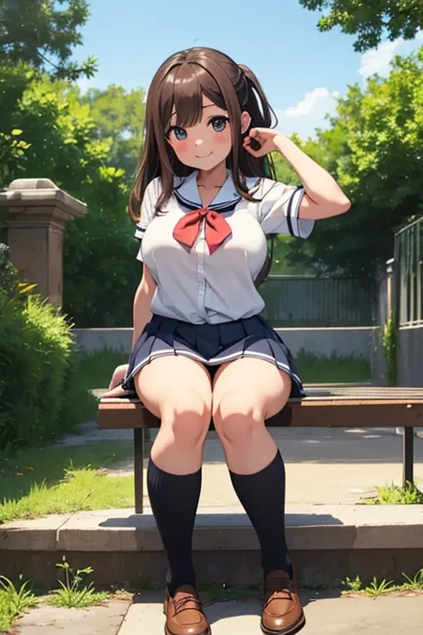 Huge breasts、smile、Little、blush、school uniform、mini skirt、Knee socks、Thighs,abdomen、Panty shot、Striped pants、Squat、Sit down、Sitting with legs crossed