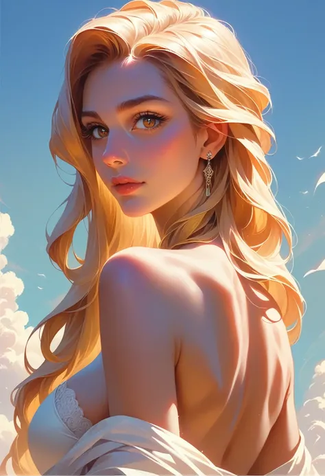 a beautiful girl, long blonde hair, large breasts, back view, turning back, seeing face, detailed face, beautiful detailed eyes, beautiful detailed lips, extremely detailed eyes and face, long eyelashes, photorealistic, realistic, high quality, 8k, masterp...