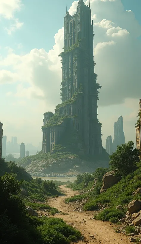 The camera pans over a abandoned Burg khalifa with crumbling structures and overgrown vegetation.top view