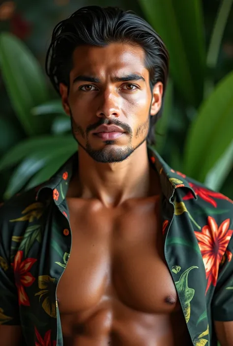 A white Brazilian man, with straight hair slicked back in his lush tropical office, wearing an open shirt with a print, with a close-up capturing the harmonious beauty between his gaze and chest , showing his natural charm and aggressive personality.