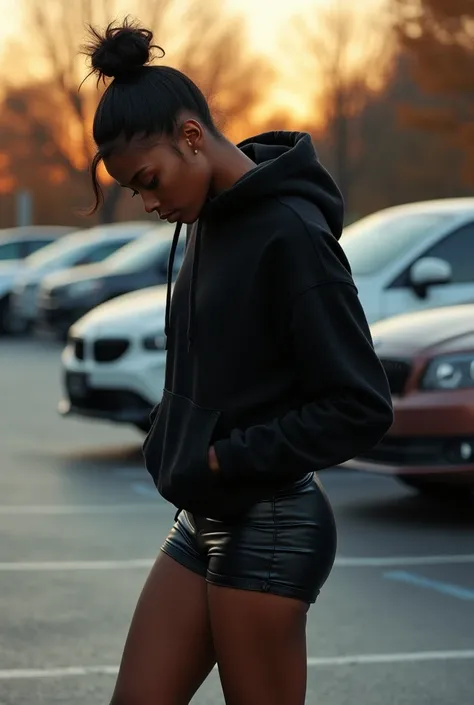 a black woman with her hair in a bun, wearing a black hoodie and black leather short shorts, bending over while picking something up in the parking lot of a mall on a fall day, highly detailed, photorealistic, 8k, stunning lighting, intricate details, cine...