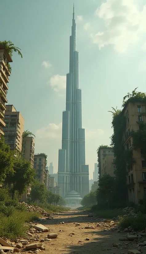 The camera pans over a abandoned Burg khalifa with crumbling structures and overgrown vegetation.top view