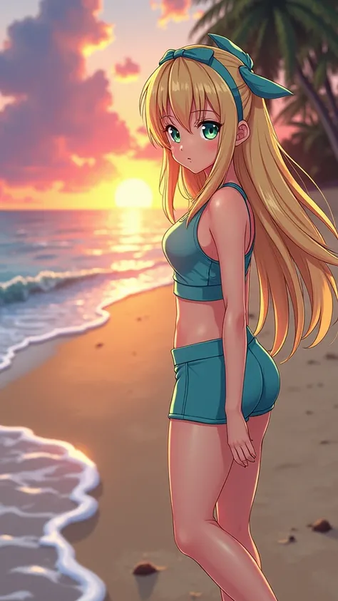 In this anime-style scene, a beautiful blonde-haired girl is standing on a peaceful beach at sunset. Her long, golden hair flows elegantly down her back, swaying gently in the breeze. Her bright, expressive green eyes shimmer with the soft light of the set...