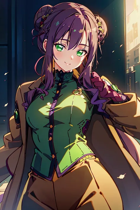 a beautiful woman with long purple hair in a bun, wearing a beige jacket and trousers, a burgundy fitted shirt underneath, green...