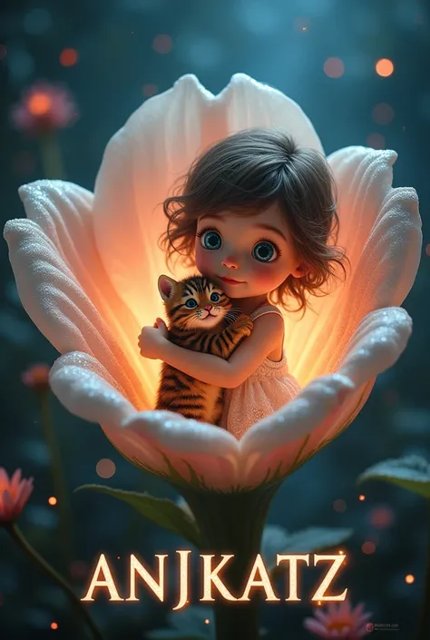 Dark glowing environment. In the middle a large single open flower in rainbow colors. In the flower sits a cute little crawling child with brown hair, big blue eyes, a cute little tiger kitten in her arms and a white glittering short dress. Animations Art....