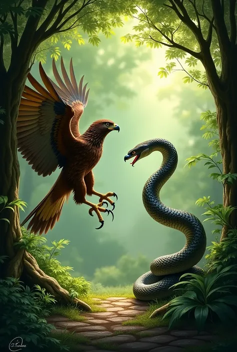 Hawk and snake in a frame in green forest