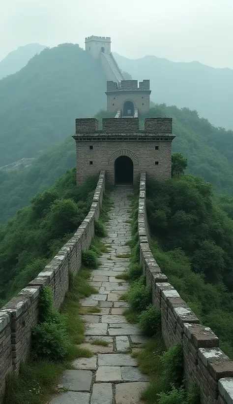 The camera pans over a abandoned great wall of china with crumbling structures and overgrown vegetation