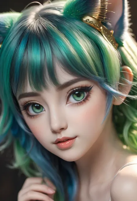 a cute small girl with blue and green hair, wearing cat ears, extremely detailed, photorealistic, 8k, masterpiece, (realistic:1.37), beautiful detailed eyes, beautiful detailed lips, extremely detailed face, long eyelashes, petite body, small breasts, fant...