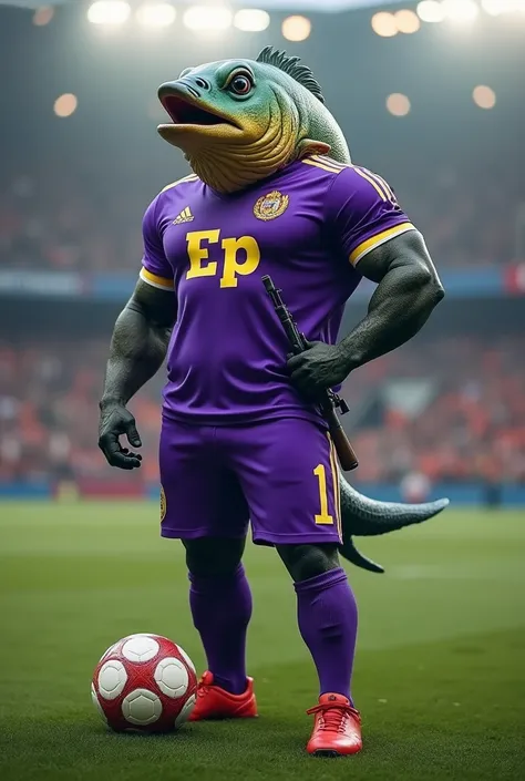 make an image of a team mascot that is the captain of the country of the boys who has the head of a realistic fish, has a soccer ball under his foot and an ak in his hand, with an "Ep" written on the shirt (the shirt has to be purple, on a football field b...