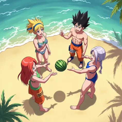 Create a top-down view of five iconic anime characters—Naruto Uzumaki, Son Goku, Vegeta, Android 18, and Bulma—standing in a circle on a sunny beach in the morning. Android 18 and Bulma are dressed in vibrant, summer-themed bikinis, while Naruto, Vegeta, a...