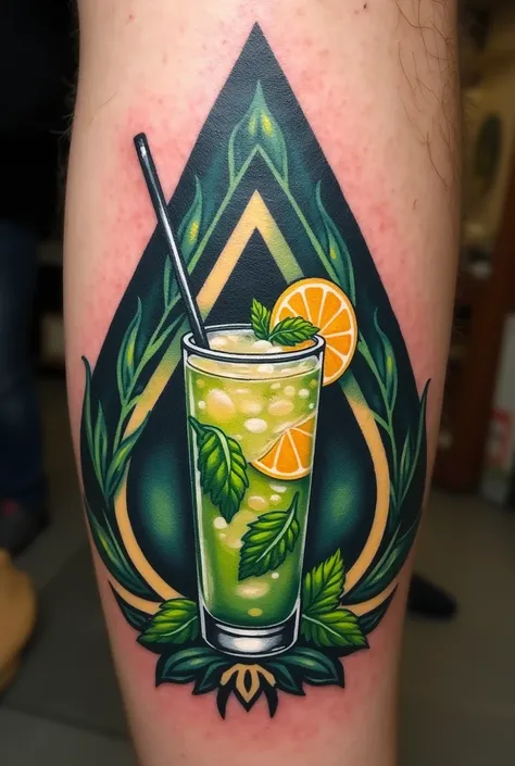 Tatouage reliques de la mort version mojito : la cape devient des feuilles de menthe, la baguette une paille et la pierre une rondelle de citron