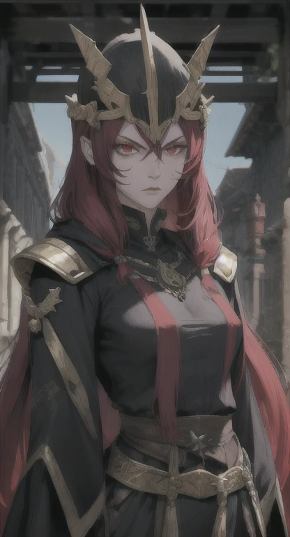 Ancient military , Supreme commander, princess, red eyes, glaring at viewer, ancient military armor, long messy hair, ancient kingdom, medieval Town, 