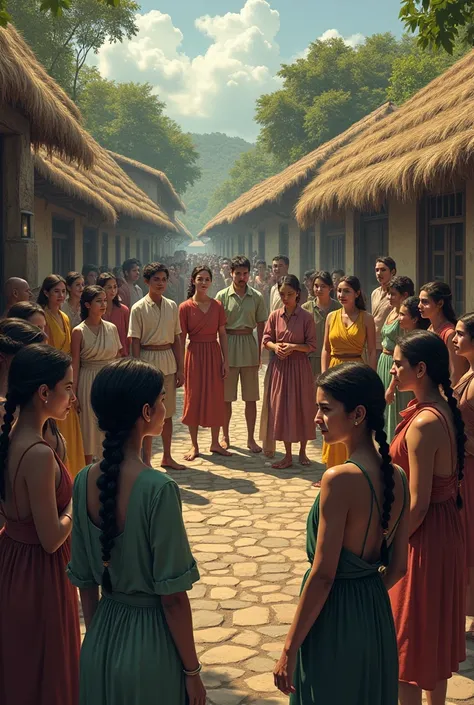 Villagers Discussing Braid-Cutting Incident**:
   "A group of worried villagers gathered in a circle in the village square, talking with concerned expressions. Some are gesturing animatedly, while others exchange uneasy glances. In the background, small th...