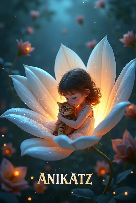 Dark glowing environment. In the middle a large single open flower in rainbow colors. In the flower sits a cute little crawling child with brown hair, big blue eyes, a cute little tiger kitten in her arms and a white glittering short dress. Animations Art....