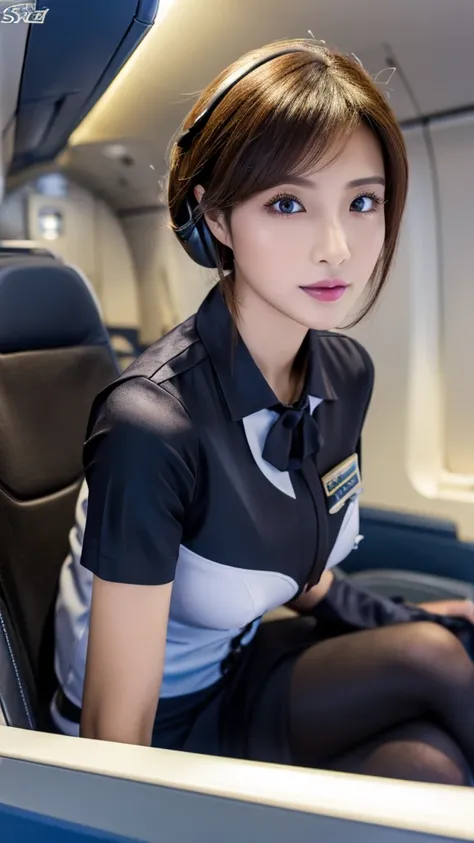 Beautiful woman in flight attendant uniform、Super delicate face、Super detailed eyes and face、double eyelid、Glossy Lips、Dark Brown Hair、Flight attendant cosplay、skirt、Highly detailed costume、(black silk pantyhose、High heels)、(Full body portrait), High defin...