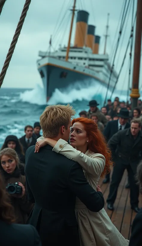 A wide shot of the Titanic after hitting the iceberg, chaos on the deck as passengers panic, Jack (blond)and Edith (redhead)are seen in the distance, being pulled apart by the crowd, the massive iceberg looms in the background, cold waves crashing against ...