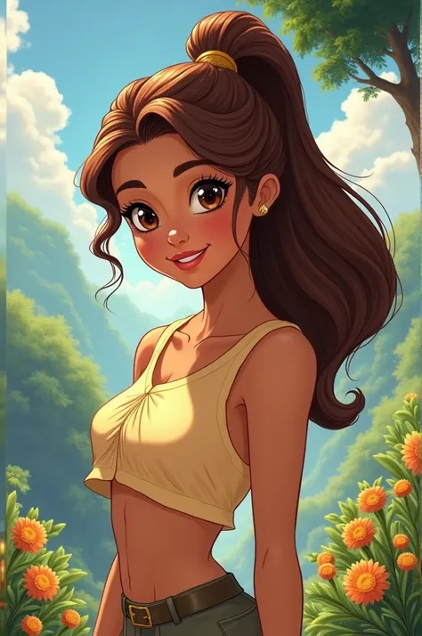 A drawing of a woman with hair tied in a ponytail, brown hair, brown skin and I want it to be a Disney drawing written Joicem

