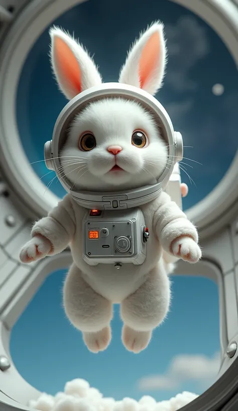 Little White Rabbit in spacesuit floating inside the spaceship in zero gravity, with its ears and tail drifting upwards. It looks amazed by the experience.