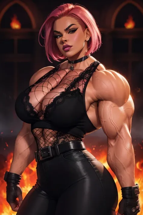 ((Close-up)), tall, (shocking pink hair) beautiful muscular woman, angled bob cut, brown skinned, closed smile, large breast, (black lipstick), (massive muscles), (hyper muscle), ((ginormous bulky muscles)), red eyes, (((black lace tank top))), (((black la...