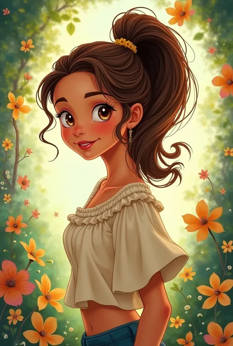 A drawing of a woman with hair tied in a ponytail, brown hair, brown skin and I want it to be a Disney drawing written Joicem

