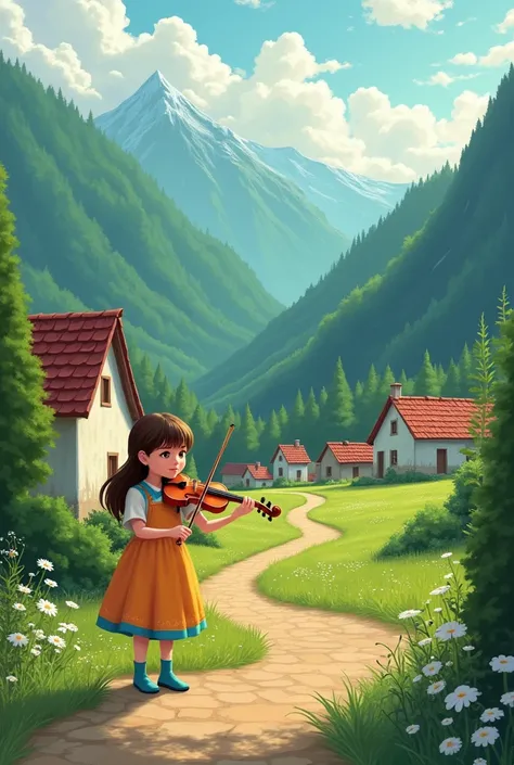 Create 6 drawings about Once upon a time there was a  girl named Anna, who lived in a small village surrounded by lush green mountains. Ana was a curious and dreamy child, always imagining magical worlds and enchanted adventures. One day, while walking thr...