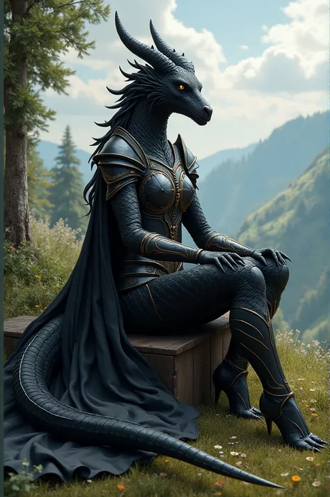 solo, kemono, (dragon), anthro, female, ((black body)), scales, tail, muscles, medium breasts, handsome, armor, medieval, fantasy, outdoors, outside, sitting, toe claws, sandals, gladiator sandals,epic, depth of field, perfect lighting,(best quality),(mast...