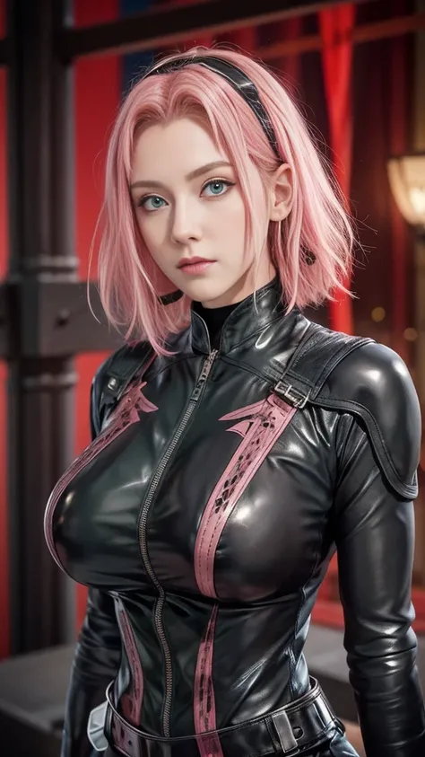 （（（short hair，pink hair，Black leather tights suit，Black leather clothes，Black latex clothing，（（（danya，Sakura,green eyes,bangs,forehead protector, shinobi symbol, ））），（（（wide hips））），S-shaped body:1.7））），((masterpiece)),high resolution, ((Best quality at be...