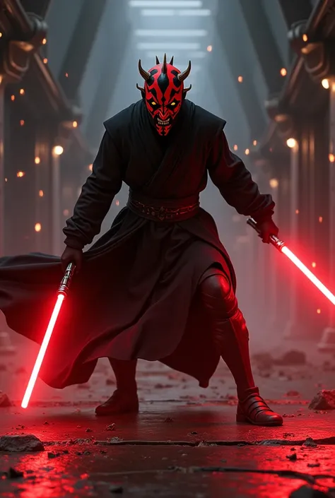 Create a dynamic and highly detailed image of Darth Maul from Star Wars: The Phantom Menace. He stands in an intense battle stance, his double-bladed red lightsaber ignited in both hands, the crimson blades casting a fierce red glow. His face is twisted in...