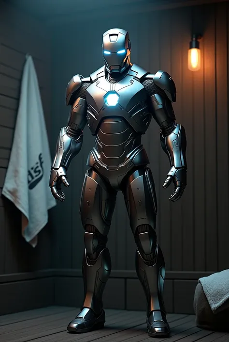 Photorealistic Ironman,  in a dark sauna, shining eyes and hands. In the background a towel with “DSF” embroidered on it.