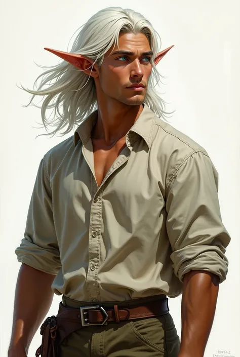 Brown skinned male elf with long white hair. dark cyan eyes. cargo pants and button up shirt. DND art style 
