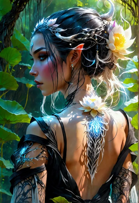 Arafed, Dark fantasy art, fantasy art, goth art, a picture of a tattoo on the back of a female elf, a glowing tattoo of a ((white lotus: 1.3)) on the elfs back, the ((lotus 1.3), she wears a transparent black dress, the dress is elegant, flowing, elven sty...