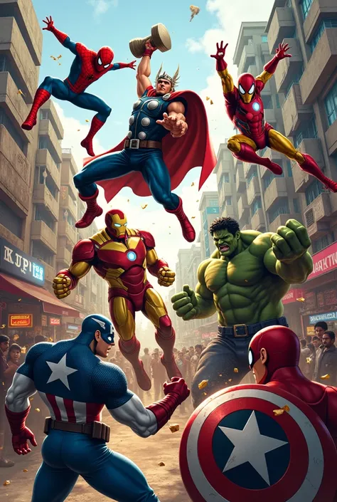 Thor and Thanos and Spiderman and hulk and Ironman and captain America and all super heros in kolkata street 