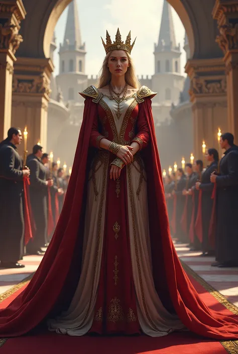 A powerful queen at the head of a kingdom and a castle and a crown on her head and a long cape