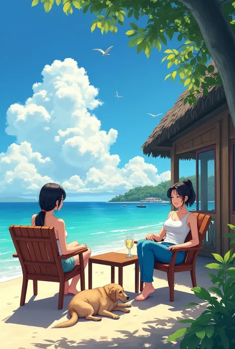 Only two bright-looking Thai women,
Person 1 wears shorts and sits on a wooden chair.,
The second person wears blue trousers and sits on another chair., Waterfront, wooden house, Sunny weather, There is one table., There is a dog lying around next to me., 