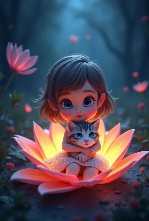 Dark glowing environment. In the middle a large single open flower in rainbow colors. In the flower sits a cute little crawling child with brown hair, big blue eyes, a cute little grey tiger kitten in her arms and a white glittery short dress. Animations A...