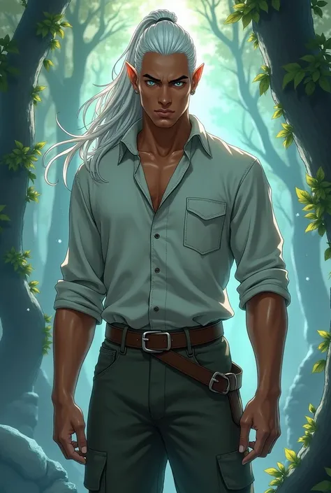 Brown skinned male elf with long white hair pulled into a ponytail . dark cyan eyes. cargo pants and button up shirt. Anime DND art style 
