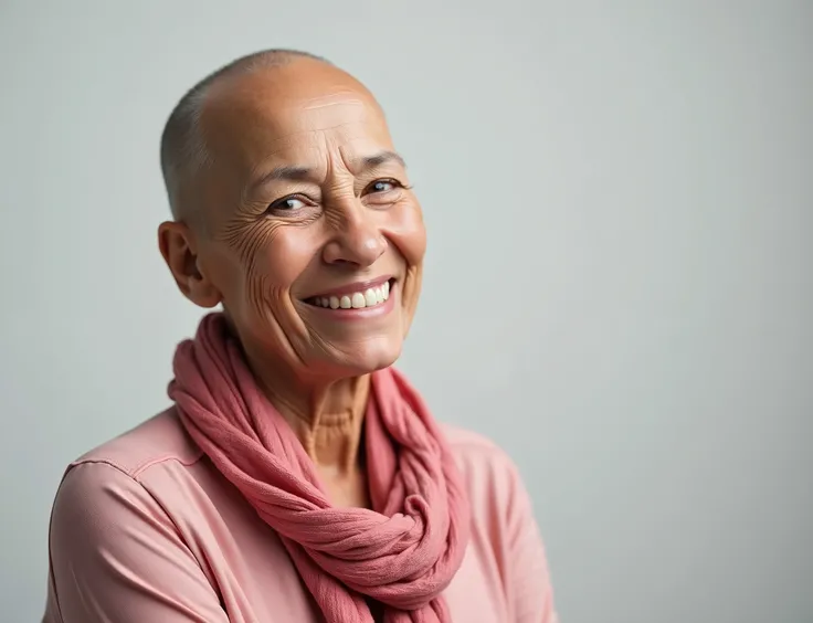 (8k, CRU photo, highest quality) (((full body shot:1.3))), (60 year old lady, baldie, with a pink scarf on her head and a pink blouse), displays a warm smile as he looks directly into the camera. The image should capture your confidence and joy., symbolizi...