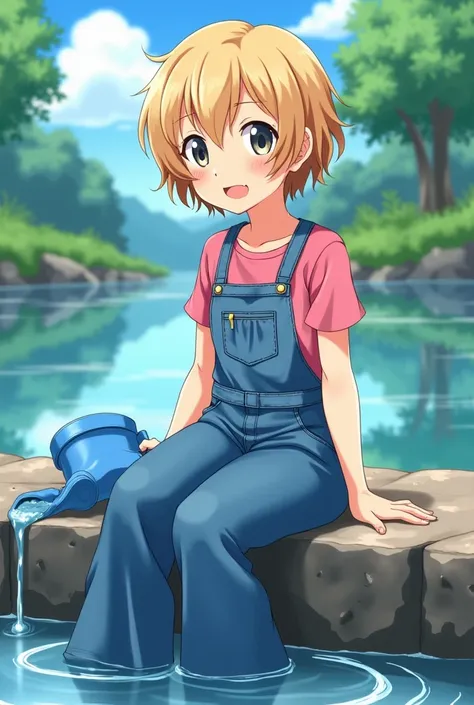 anime girl, baseball cap, short dark blonde hair, blush, messy hairstyle, rosa T-Shirt, long blue denim dungarees, sitting on a rock by a river, empties a waterlogged blue rubber boot into the water 