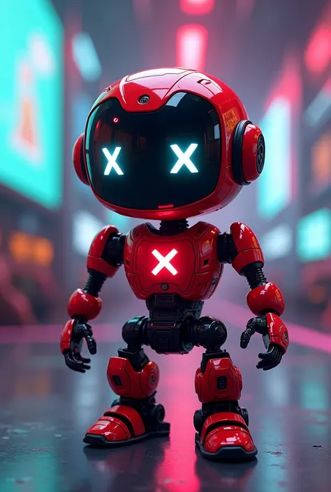 cute and smart little gamer robot, agile and fast, red and black with X&#39;s as logo