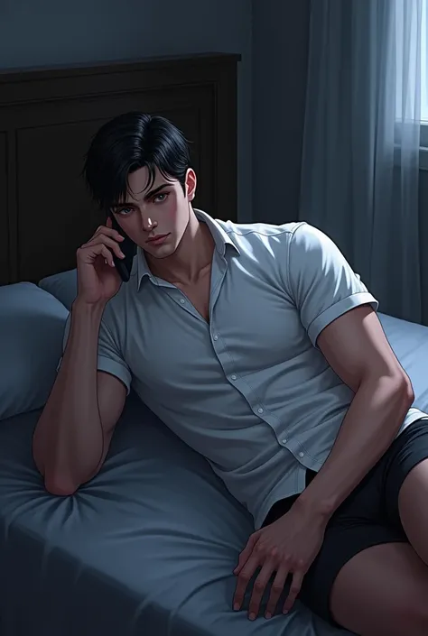 A man around his 20&#39;s in a room where it&#39;s half dark and he&#39;s lying in his bed, with the phone on a call with someone, Marked jaw and large muscular bodies that are highlighted in their clothes, white shirt and shorts. He has short black hair a...