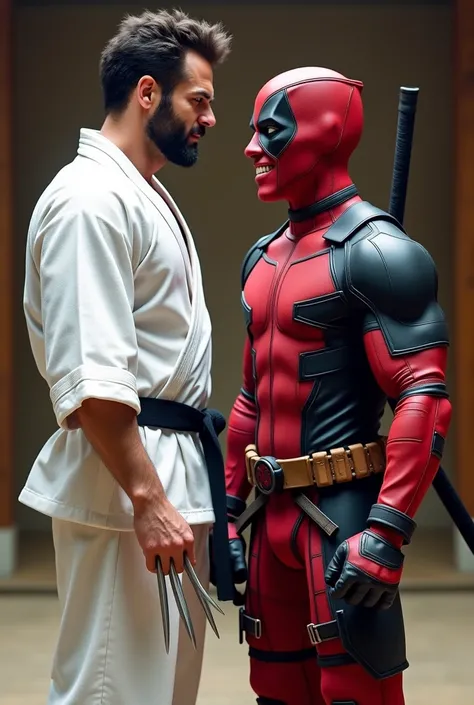 create wolverine and deadpool dressed in jiu-jitsu kimono